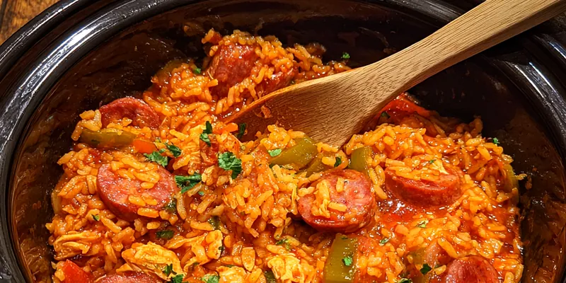 A vibrant bowl of Hearty Slow Cooker Jambalaya topped with green onions and served with crusty bread.