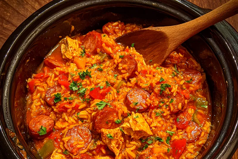 An array of fresh ingredients laid out for Hearty Slow Cooker Jambalaya preparation.
