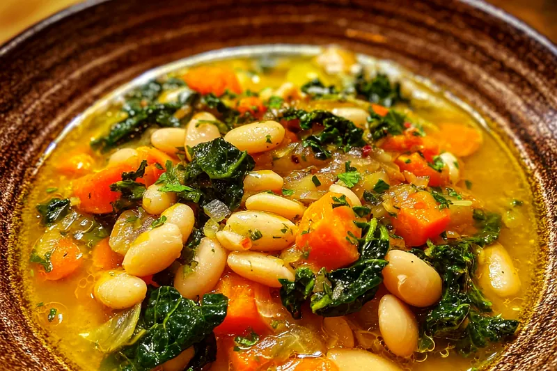 Chef stirring Hearty Tuscan Bean Delight in a large pot, showcasing the vibrant colors and textures of the ingredients.