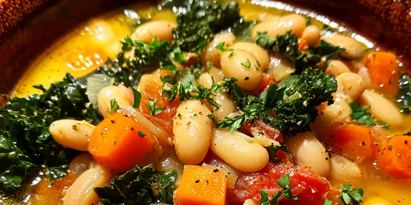 A vibrant bowl of Hearty Tuscan Bean Delight garnished with herbs and served with crusty bread.