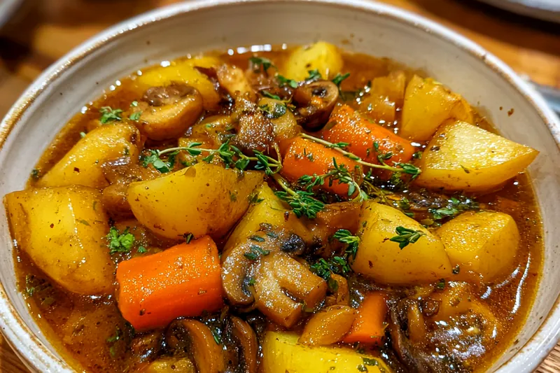 A pot of bubbling Hearty Vegetarian Irish Stew simmering on the stove, filled with fresh vegetables.