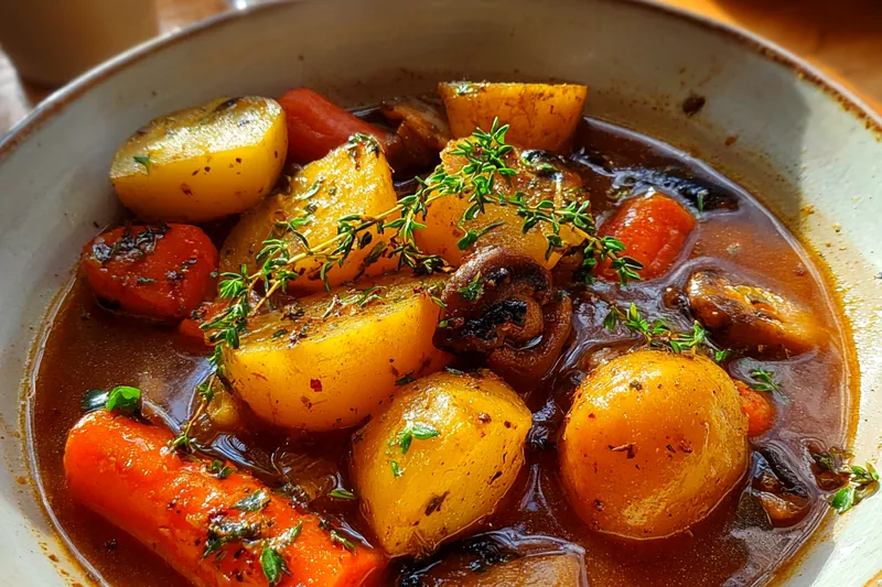 A variety of colorful vegetables prepared for Hearty Vegetarian Irish Stew, including carrots, potatoes, and green beans.