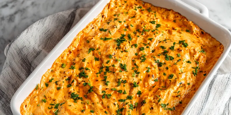Delicious high-protein buffalo chicken dip served with tortilla chips