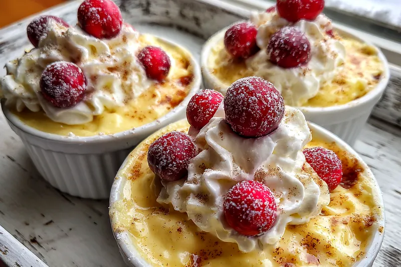 Ingredients for eggnog custard including a carton of eggnog, eggs, spices, heavy cream, and fresh red cranberries on a table