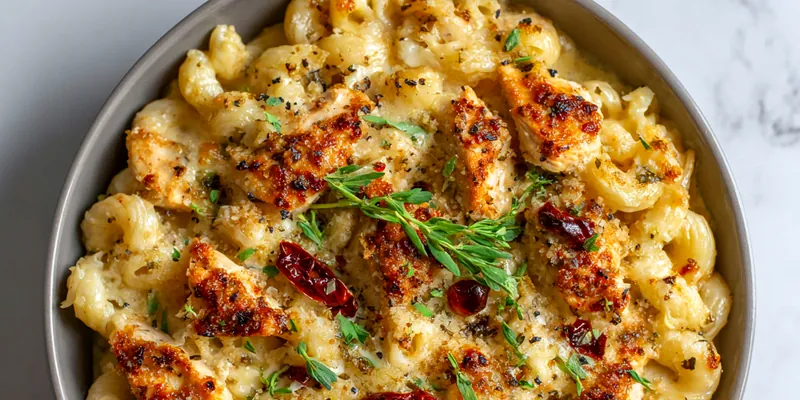 Creamy Honey Pepper Chicken Mac and Cheese served in a bowl