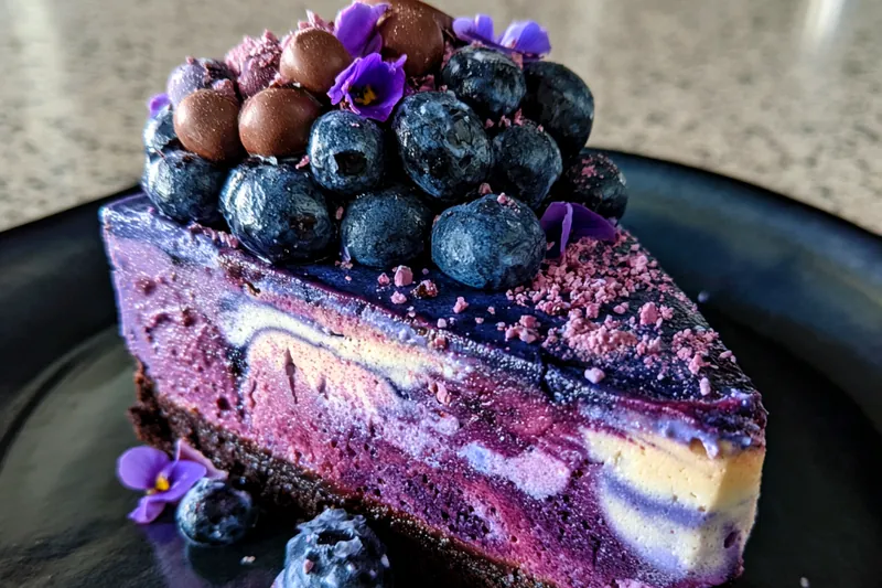 The cooking process of making Irresistible Blueberry Cheesecake Delight, showing the cheesecake in the oven.