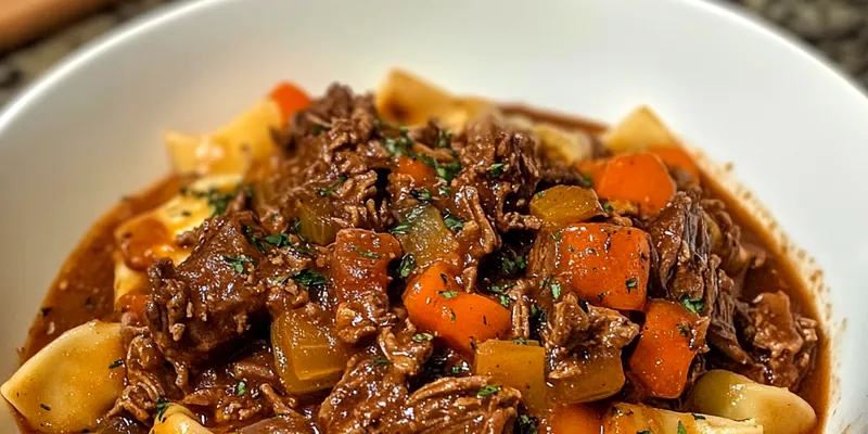 A steaming bowl of Hearty Italian Beef Ragu served over pasta, garnished with fresh basil and Parmesan.