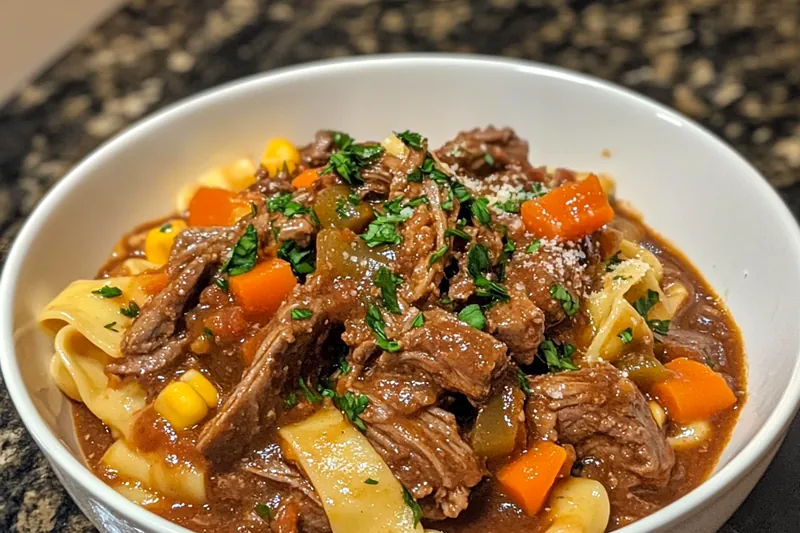A vibrant display of fresh ingredients for Hearty Italian Beef Ragu including vegetables and herbs.