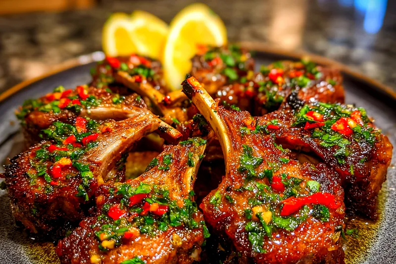 Chef Mitchell searing lamb chops in a hot skillet, creating a perfect golden-brown crust.