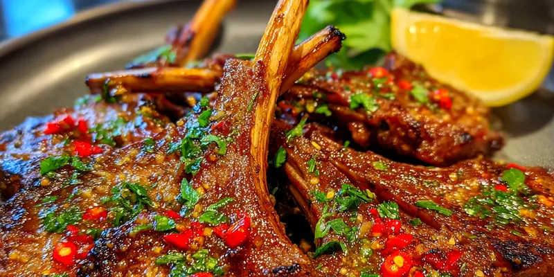 A beautifully plated dish of Savory Garlic Butter Lamb Chops garnished with fresh herbs and garlic.