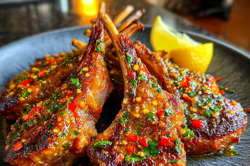 Fresh ingredients laid out for preparing Savory Garlic Butter Lamb Chops, including lamb chops, garlic, and herbs.