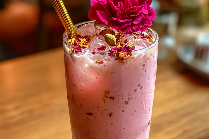 The process of simmering Delicious Kashmiri Pink Chai in a large pot, showcasing the frothy result.