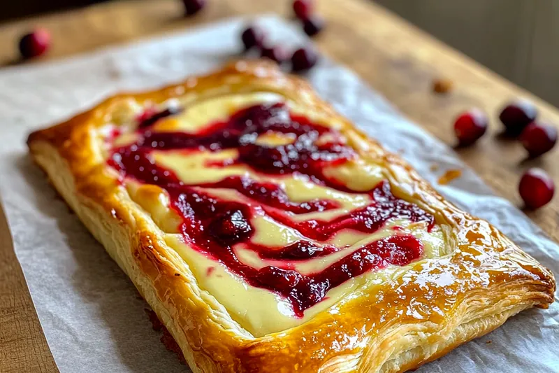 A close-up of the Cranberry Cream Cheese Pastry baking in the oven, showing golden-brown crusts.