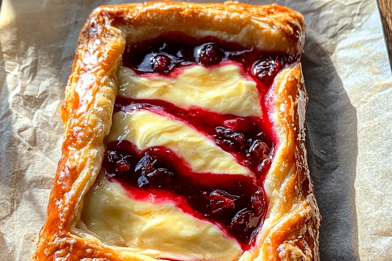 An assortment of ingredients for Cranberry Cream Cheese Pastry, including fresh cranberries, cream cheese, and puff pastry.