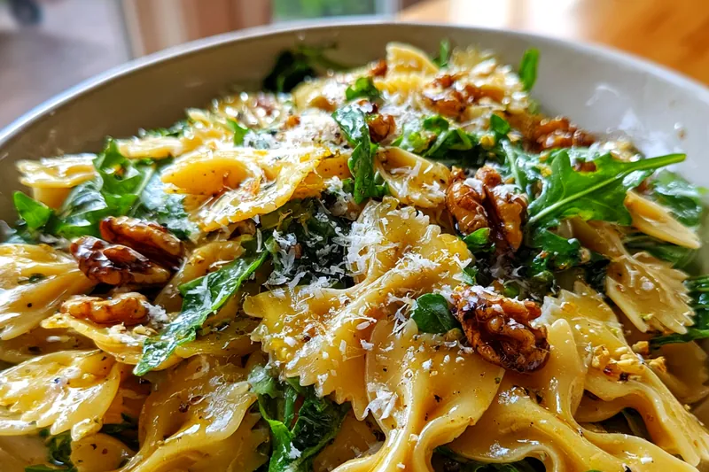Fresh ingredients including farfalle pasta, a bowl of walnuts, fresh arugula, parmesan block, lemons, and olive oil on a marble surface