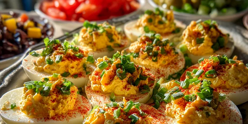 A beautifully plated dish of Loaded Deviled Eggs Delight garnished with chives and hot sauce