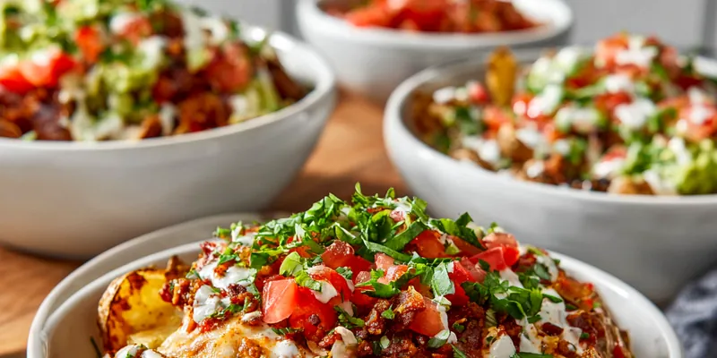A colorful loaded potato taco bowl with toppings.