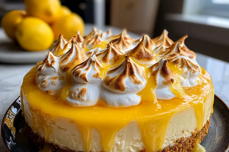 Baking ingredients including cream cheese, fresh lemons, eggs, graham crackers, and sugar arranged on a marble surface