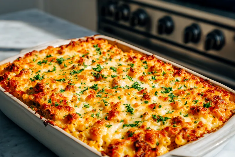 Raw ingredients for the casserole including ground beef, macaroni, cheese block, milk, eggs, and spices on a marble surface