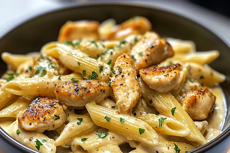 A chef stirring creamy sauce in a pan with chicken and pasta, showcasing the cooking process.