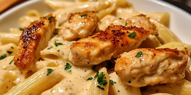 A delicious bowl of Creamy Chicken Pasta Delight topped with fresh spinach and Parmesan cheese.