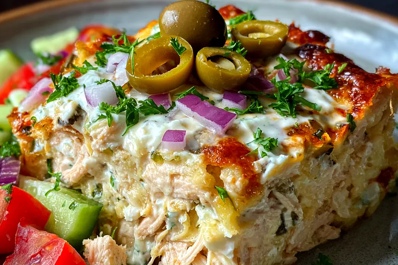 An assortment of fresh ingredients including chicken, colorful vegetables, and herbs laid out for Mediterranean Chicken Casserole Delight.