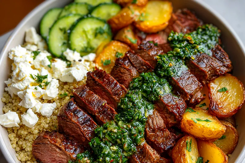 Chef grilling steak for Mediterranean Grilled Steak Bowl, showcasing the cooking process.