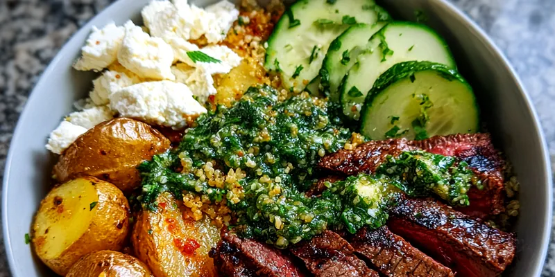 A beautifully arranged Mediterranean Grilled Steak Bowl featuring sliced steak, colorful vegetables, and quinoa.