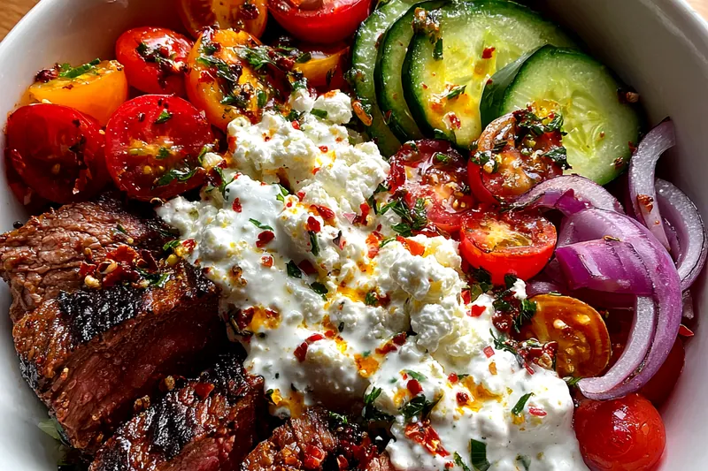 Cooking process for Mediterranean Steak Bowl