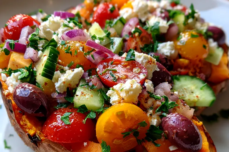 Cooking process for Mediterranean Stuffed Sweet Potatoes