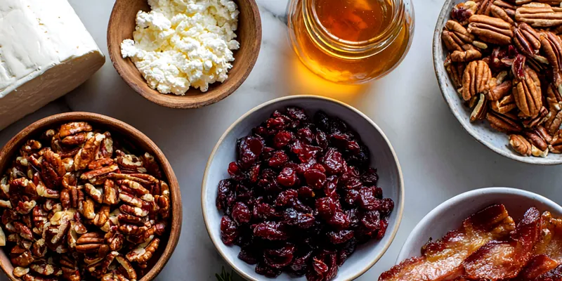 A close-up of the Million Dollar Bacon Goat Cheese Log on a ceramic plate, showing the texture of the candied pecans, bacon, and honey drizzle
