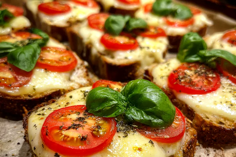 Ingredients for caprese toasts including rustic bread slices, fresh mozzarella, ripe tomatoes, basil leaves, olive oil, and garlic arranged on marble counter