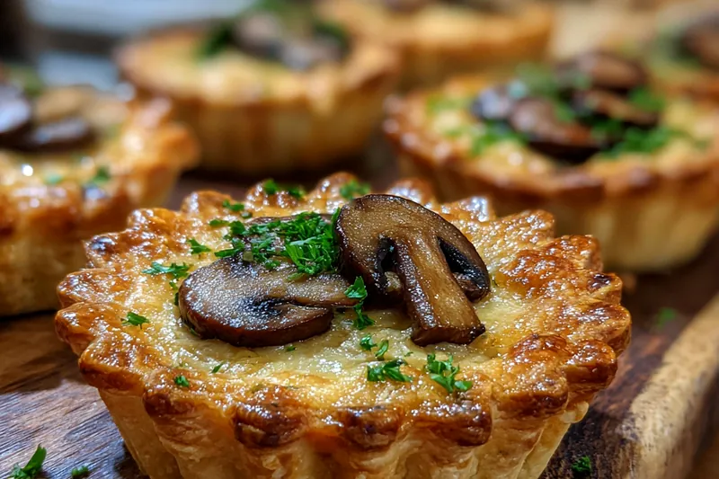 Chef carefully assembling Savory Mini Mushroom Pot Pies, layering the filling and pastry.