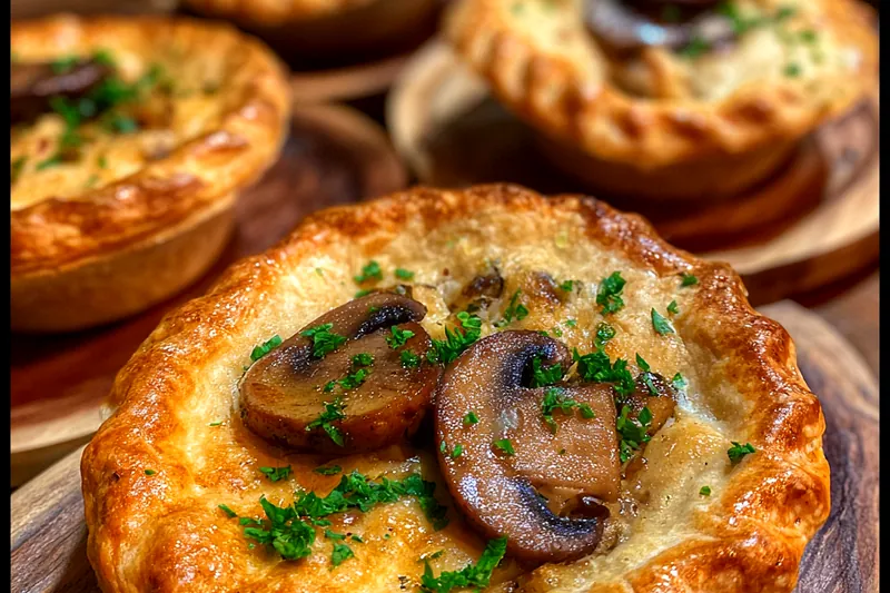 A vibrant assortment of fresh ingredients for Savory Mini Mushroom Pot Pies, including mushrooms, onions, and puff pastry.