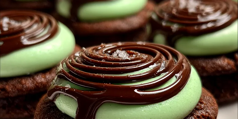 A plate of freshly baked Mint Chocolate Delight Cookies, adorned with crushed peppermint on top.