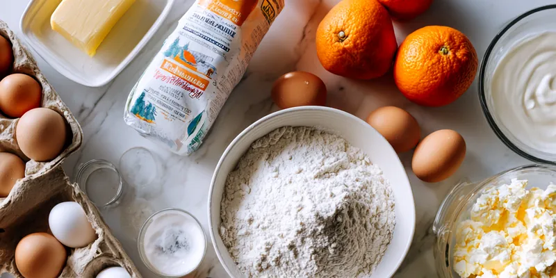 A slice of three-layer orange cake with white frosting and orange crumb decoration on a ceramic plate.