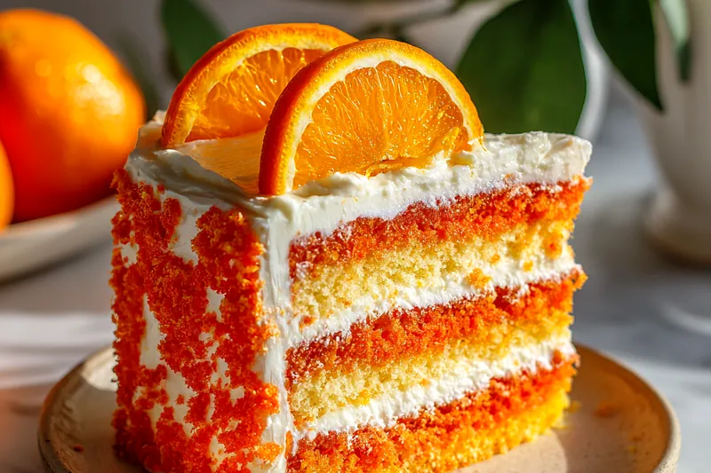 Ingredients for orange velvet cake including flour, oranges, buttermilk, eggs, and food coloring on a marble surface.