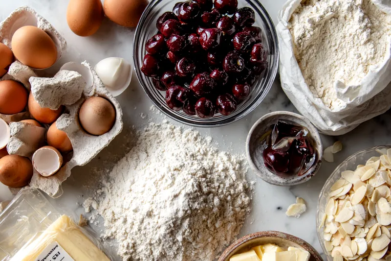 Close up of muffin batter being scooped into parchment lined tins with cherries visible