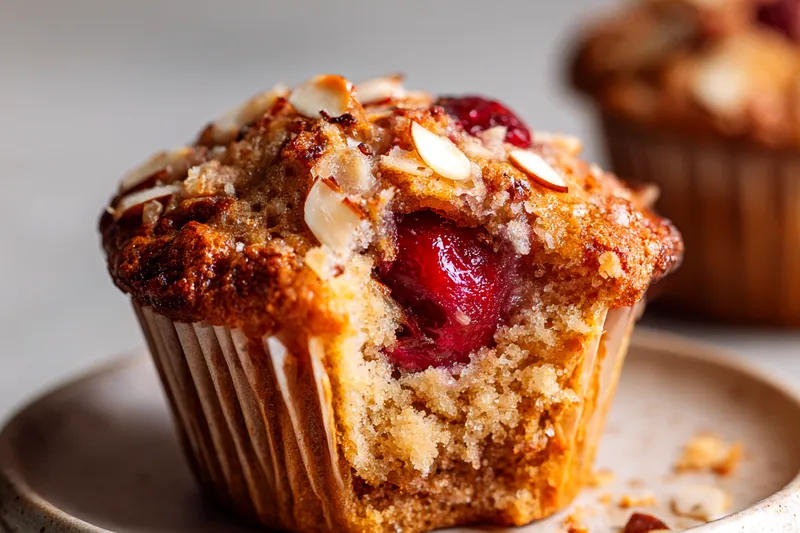 Baking ingredients including flour, sugar, eggs, bowl of cherries, and almond extract scattered on a marble countertop