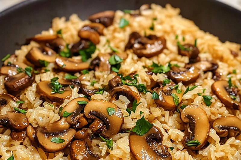 A vibrant display of fresh ingredients for Savory Mushroom Rice Delight, including rice, mushrooms, garlic, and herbs.