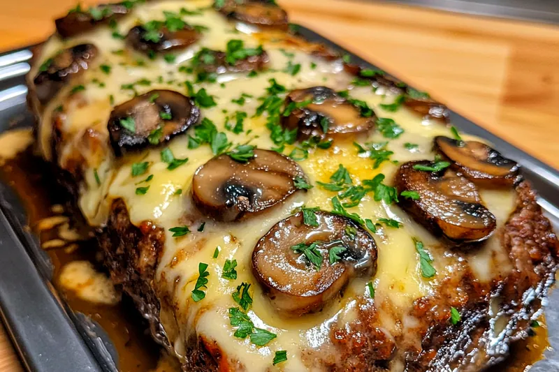An assortment of fresh ingredients including ground beef, mushrooms, onions, and Swiss cheese for Savory Mushroom Swiss Meatloaf.