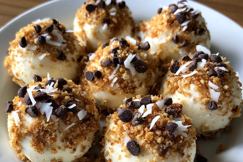 Hands rolling cheesecake mixture into balls and coating them in graham cracker crumb mixture on a marble countertop