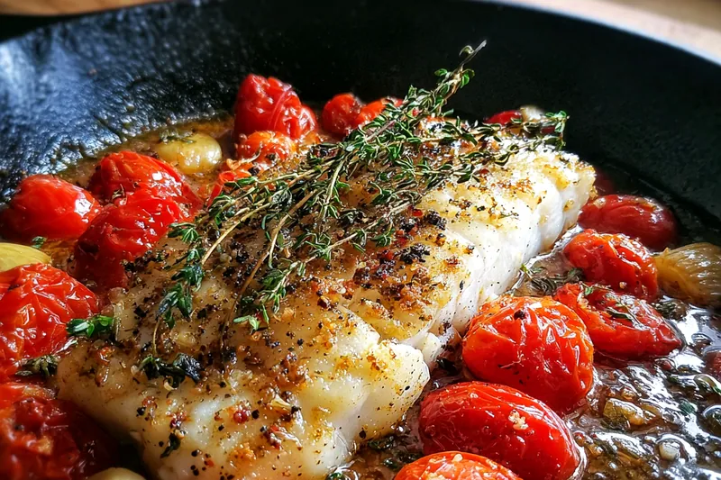 Fresh cod fillet, bright red cherry tomatoes, garlic bulb, fresh thyme, and olive oil arranged on a rustic wooden board