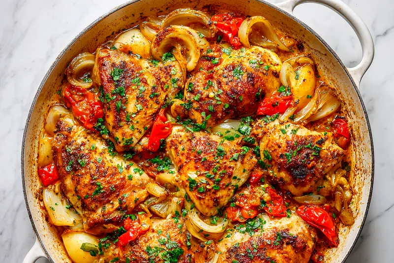 Cooking the Spanish chicken dinner in a skillet