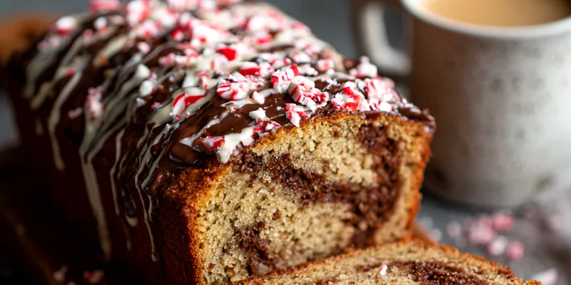 Sliced peppermint mocha bread with glossy chocolate drizzle and crushed red and white peppermint candies, showing moist chocolate interior with festive presentation