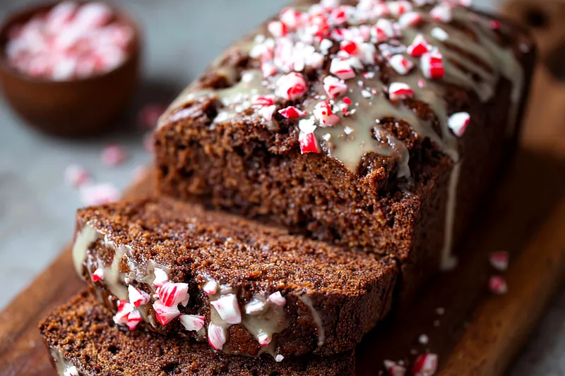 Overhead view of peppermint mocha bread ingredients including flour, cocoa powder, eggs, coffee, peppermint extract, and crushed candy canes on marble counter