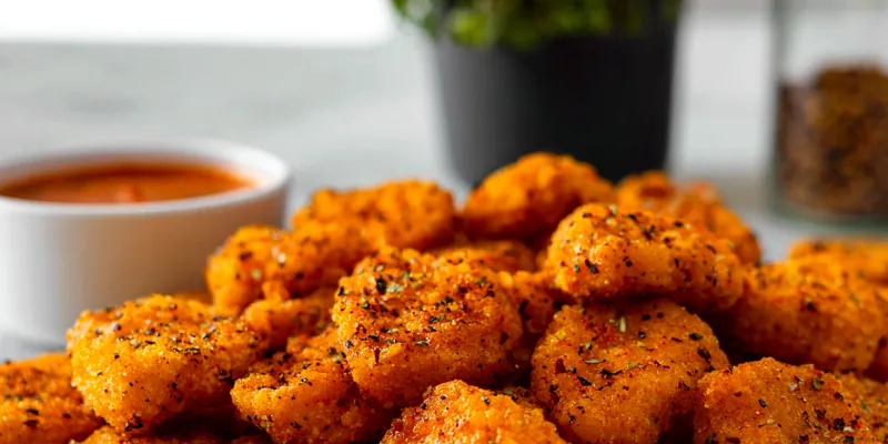 Golden brown Peri Peri fish nuggets served with dipping sauce