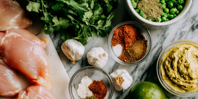 Golden grilled Peruvian-spiced chicken with bright green cilantro sauce drizzled over yellow turmeric rice with peas on a white plate