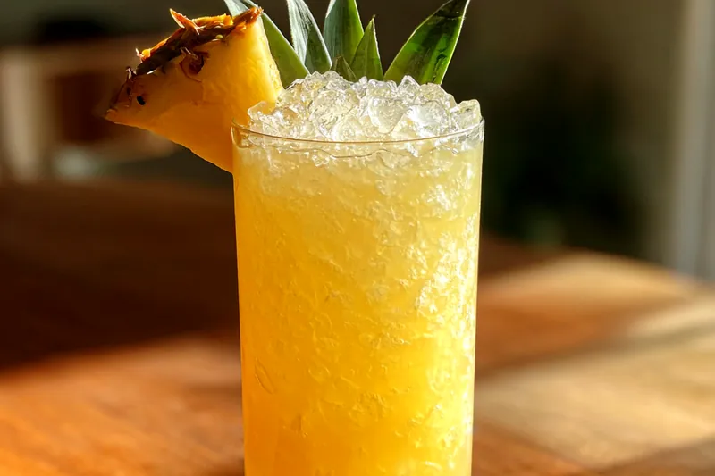 Mixing the ingredients in a blender to create a refreshing pineapple coconut drink.