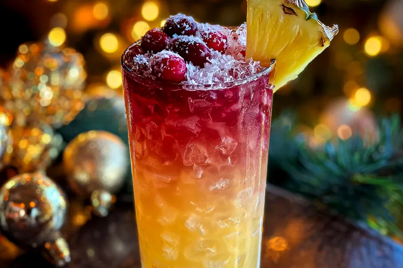 Colorful ingredients for Festive Pineapple Cranberry Cooler including cranberry juice, pineapple juice, and fresh fruit.